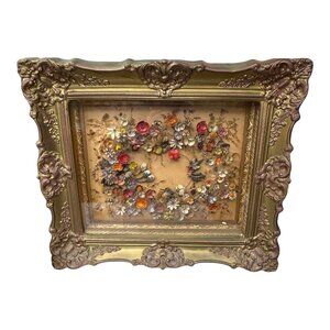 Victorian Mourning Wreath ? Vintage Ornate Gold Frame Flower Shell Art Display